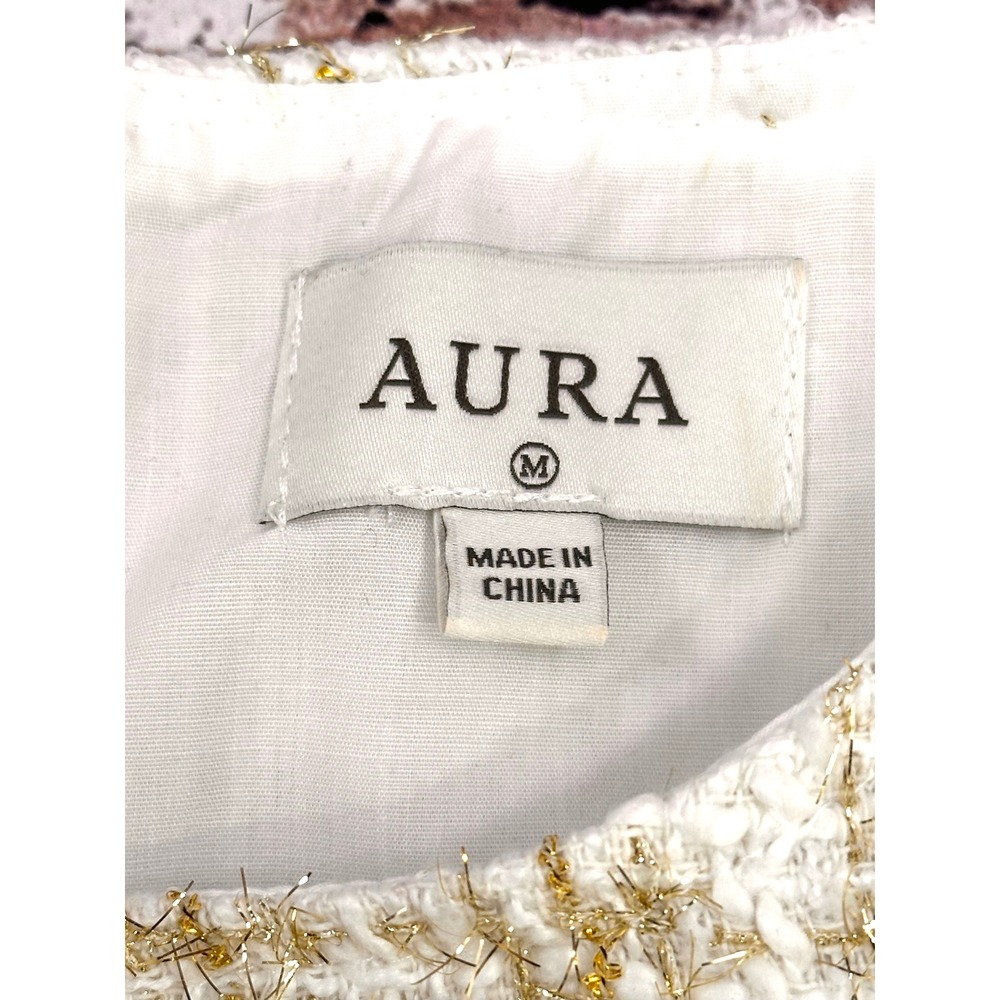 AURA Ivory Gold Metallic Tweed Puff Sleeve Mini Dress Faux Pearl M Old Money - Picture 4 of 13